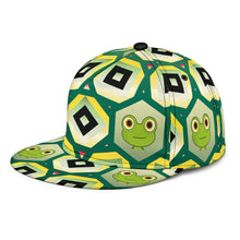 Load image into Gallery viewer, green snapback hat with frogs peeping out of hexagon shaped windows
