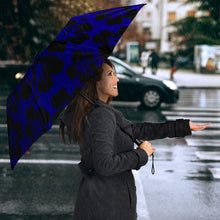 Load image into Gallery viewer, blue umbrella with black hibiscus flower pattern

