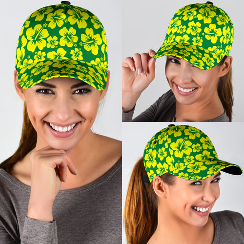 green classic cap with yellow hibiscus flowers