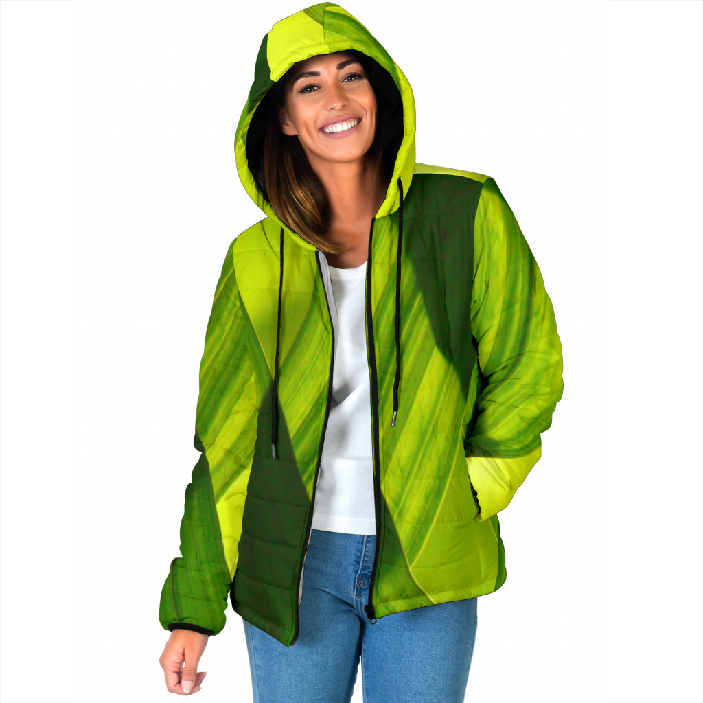 Women's Padded Hooded Jacket - Green Grass Design