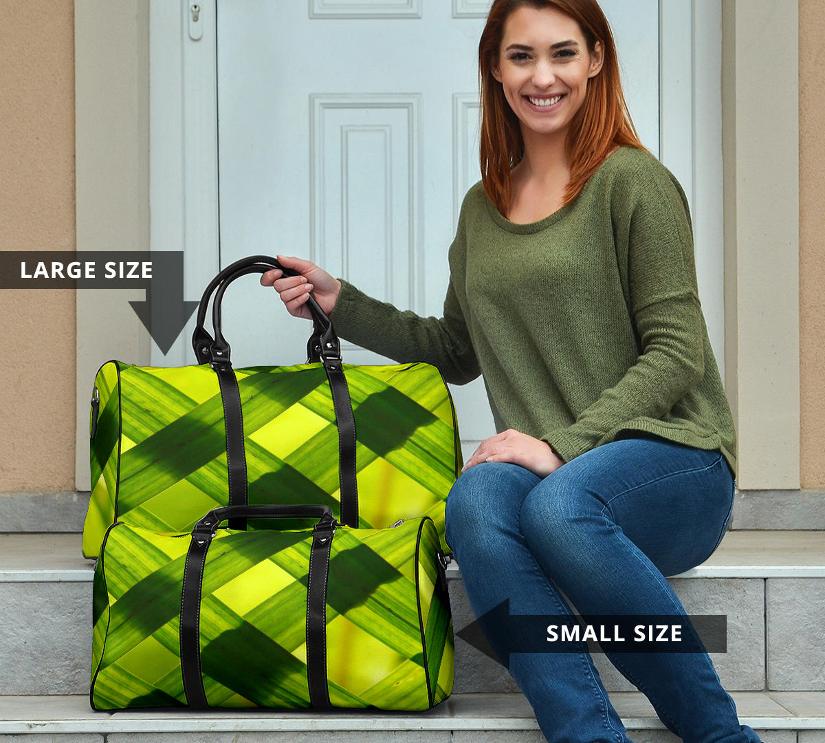 green travel bag with bamboo grass design