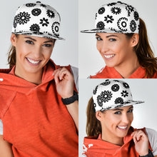 Load image into Gallery viewer, universal fit white snapback hat with black flowers
