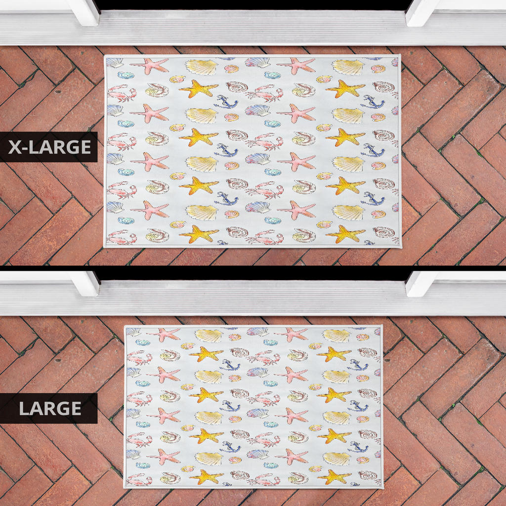 beach themed door mat in large and extra large with starfish, seashells and anchors 