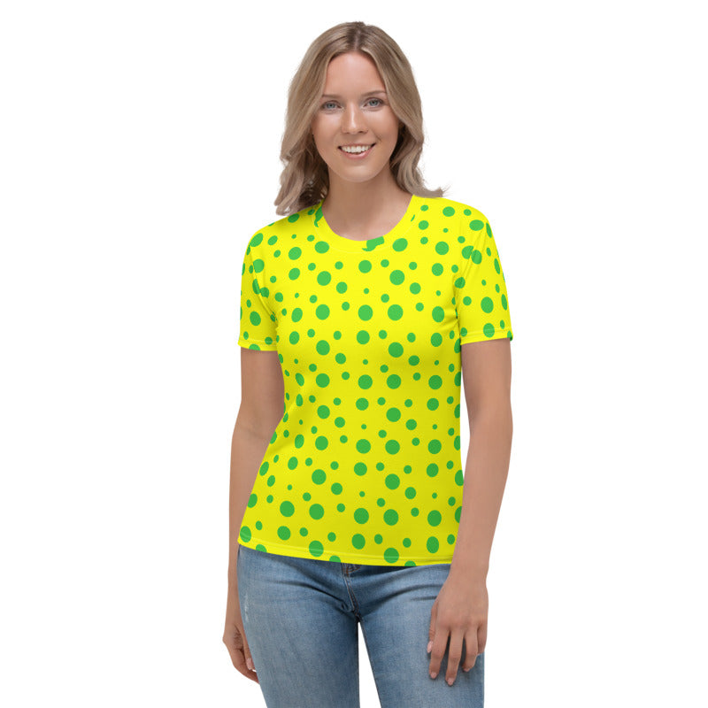green spotted yellow all over print women's crew neck t-shirt
