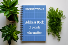 Load image into Gallery viewer, Address book titled &#39;Connections: Address Book of people who matter&#39; surrounded by green plants on a white background
