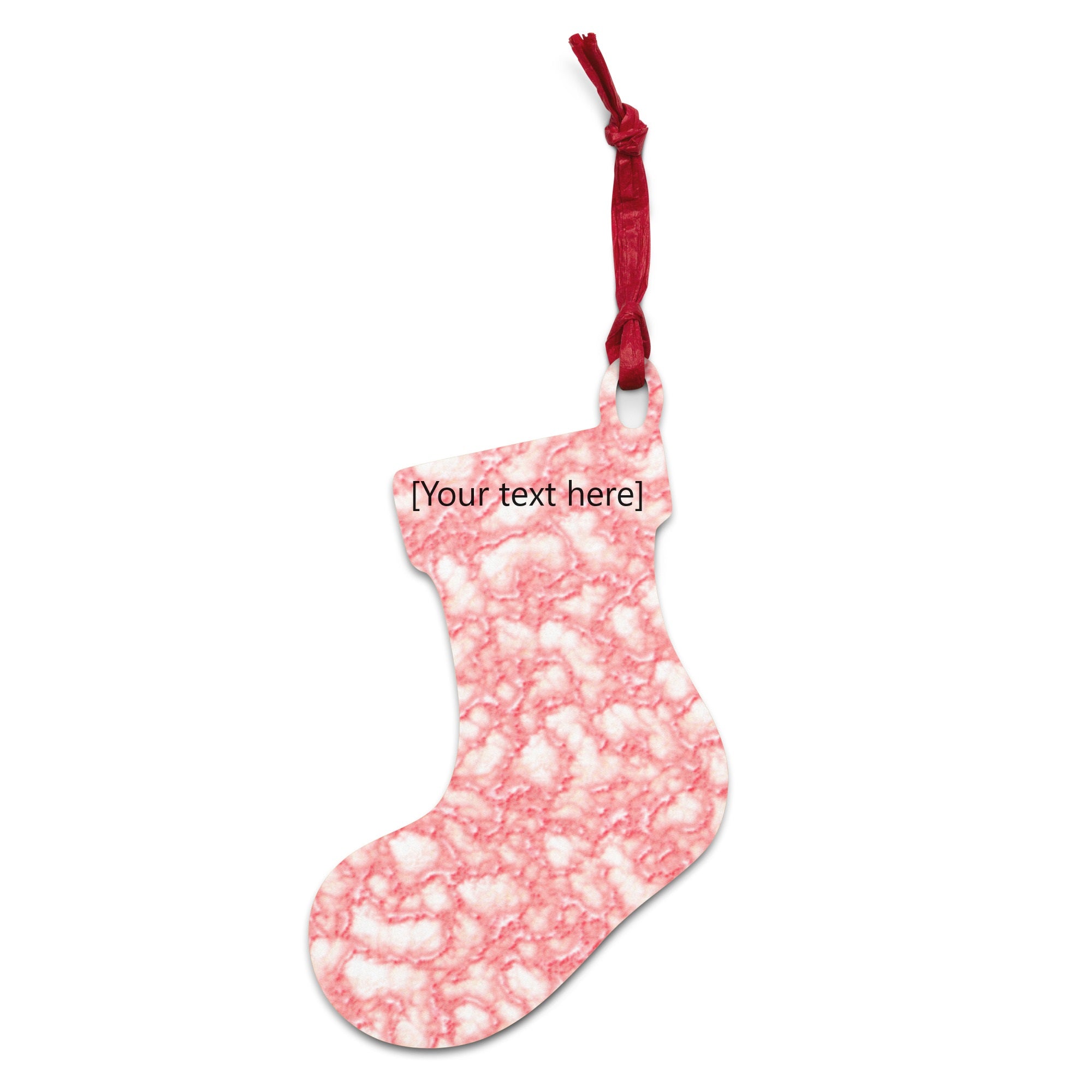 pink bubblegum design on a wooden ornament shaped like a Christmas stocking