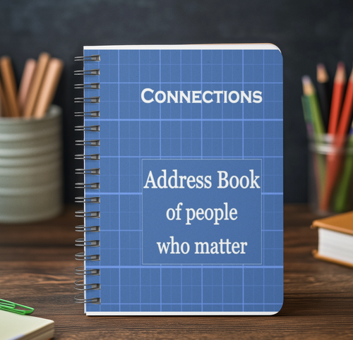 Blue address book titled 'Connections: Address Book of people who matter' on a wooden surface with pencils and a chalkboard in the background.