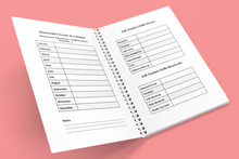 Load image into Gallery viewer, Open spiral-bound planner with event and gift tracker forms on a pink background
