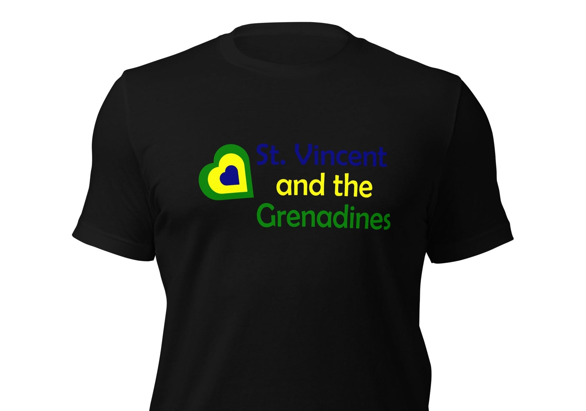 t-shirt with the caption St. Vincent and the Grenadines as well as a heart all in the national colors