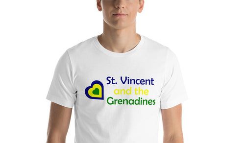 white t-shirt with a heart and the caption 'St. Vincent and the Grenadines' all in national colors