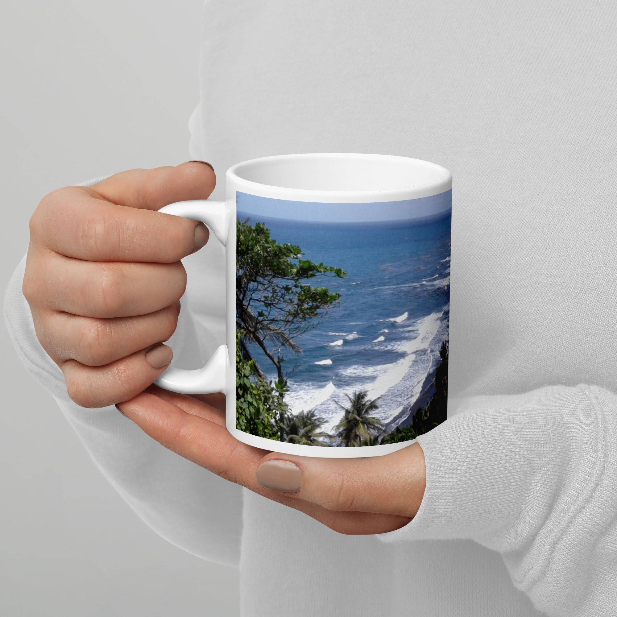 11oz ceramic mug featuring a photograph of Byrea beach in St. Vincent and the Grenadines