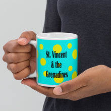 Load image into Gallery viewer, 11oz St. Vincent and the Grenadines ceramic mug  with yellow spots on a bright blue background
