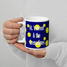 Load image into Gallery viewer, 11oz coffee St. Vincent and the Grenadines mug with yellow spots on a blue background. 
