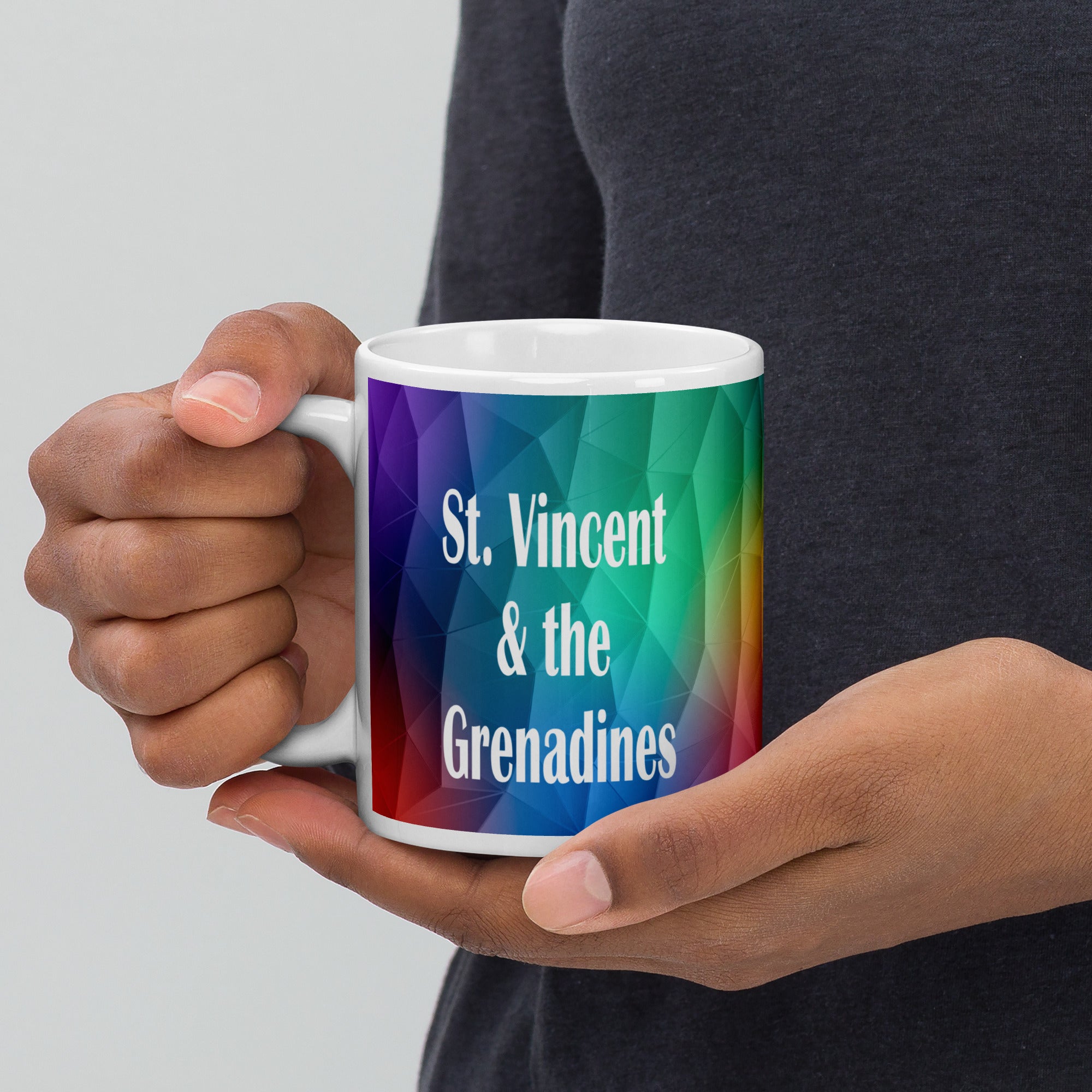 11oz ceramic mug with pastel rainbow colors and the  caption St. Vincent and the Grenadines