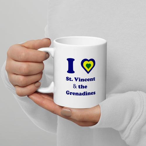 11oz coffee mug with blue I love St. Vincent and the Grenadines and a national colored heart