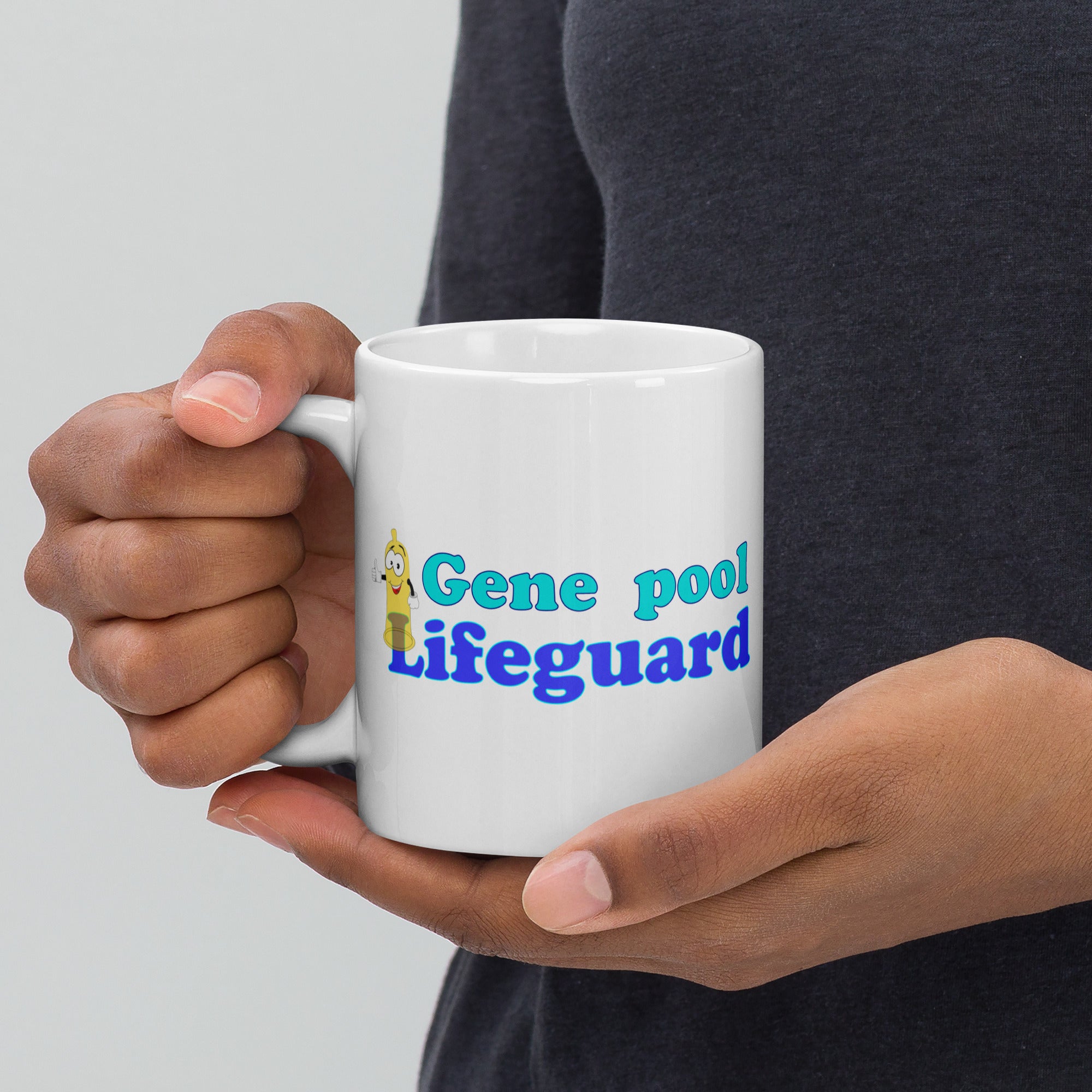 11oz ceramic mug with caption 'gene pool lifeguard' and a condom character