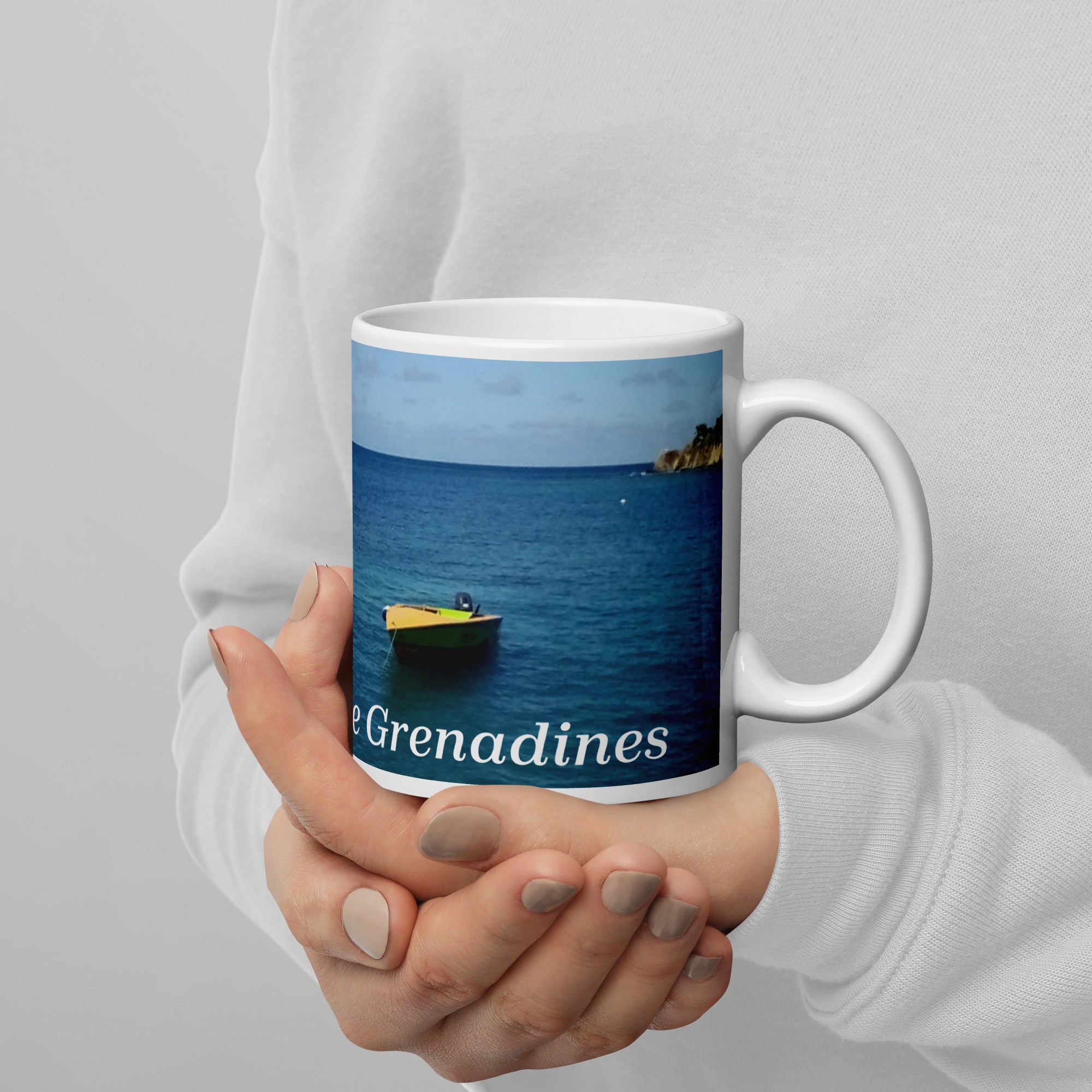 St. Vincent and the Grenadines Boats Bobbing on the Beach White glossy mug