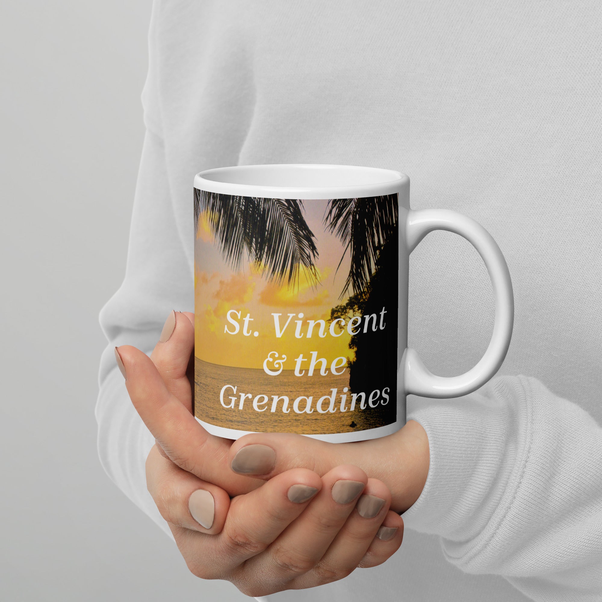 St. Vincent and the Grenadines Sunset Coconut Climber White glossy mug