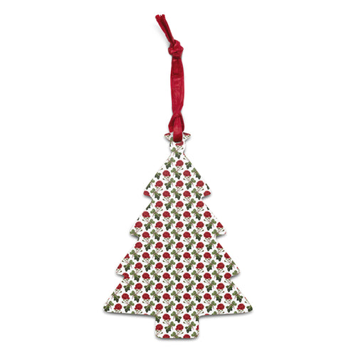 Christmas tree shaped wooden ornament decorated with red roses