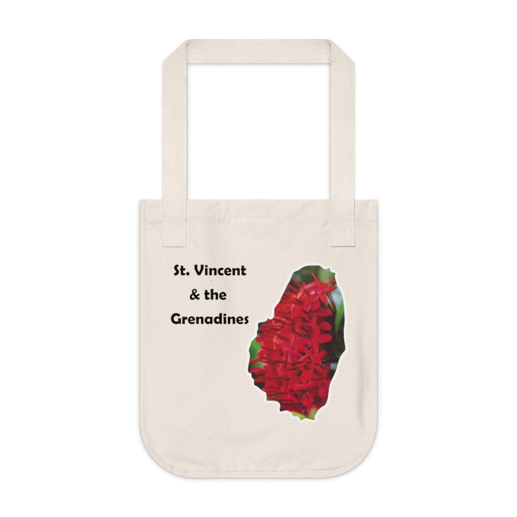Eco-friendly organic canvas tote bag showing a real photograph of one of the varieties of ixora flowers growing in St. Vincent and the Grenadines