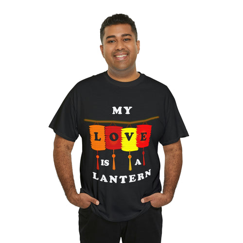 black t-shirt captioned 'my love is a lantern' with a backdrop of 4 colored paper lanterns