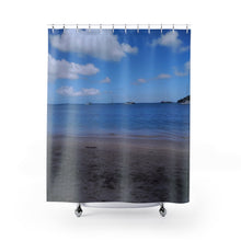 Load image into Gallery viewer, Shower curtain showing a beach scene with boats in the distance
