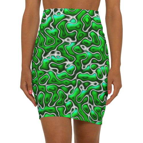a fitted mini skirt with a green marble design