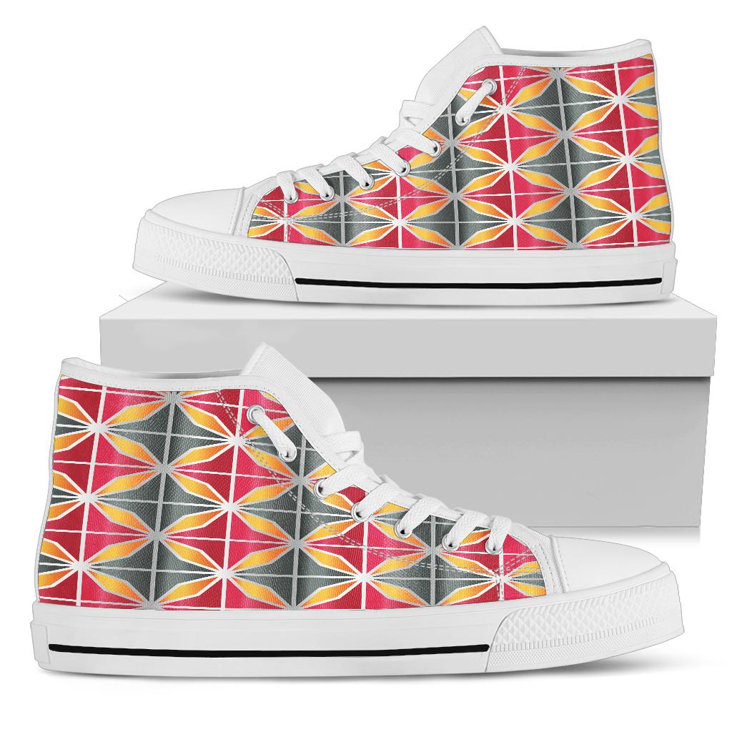 white high top shoe with grey, pink and orange design.