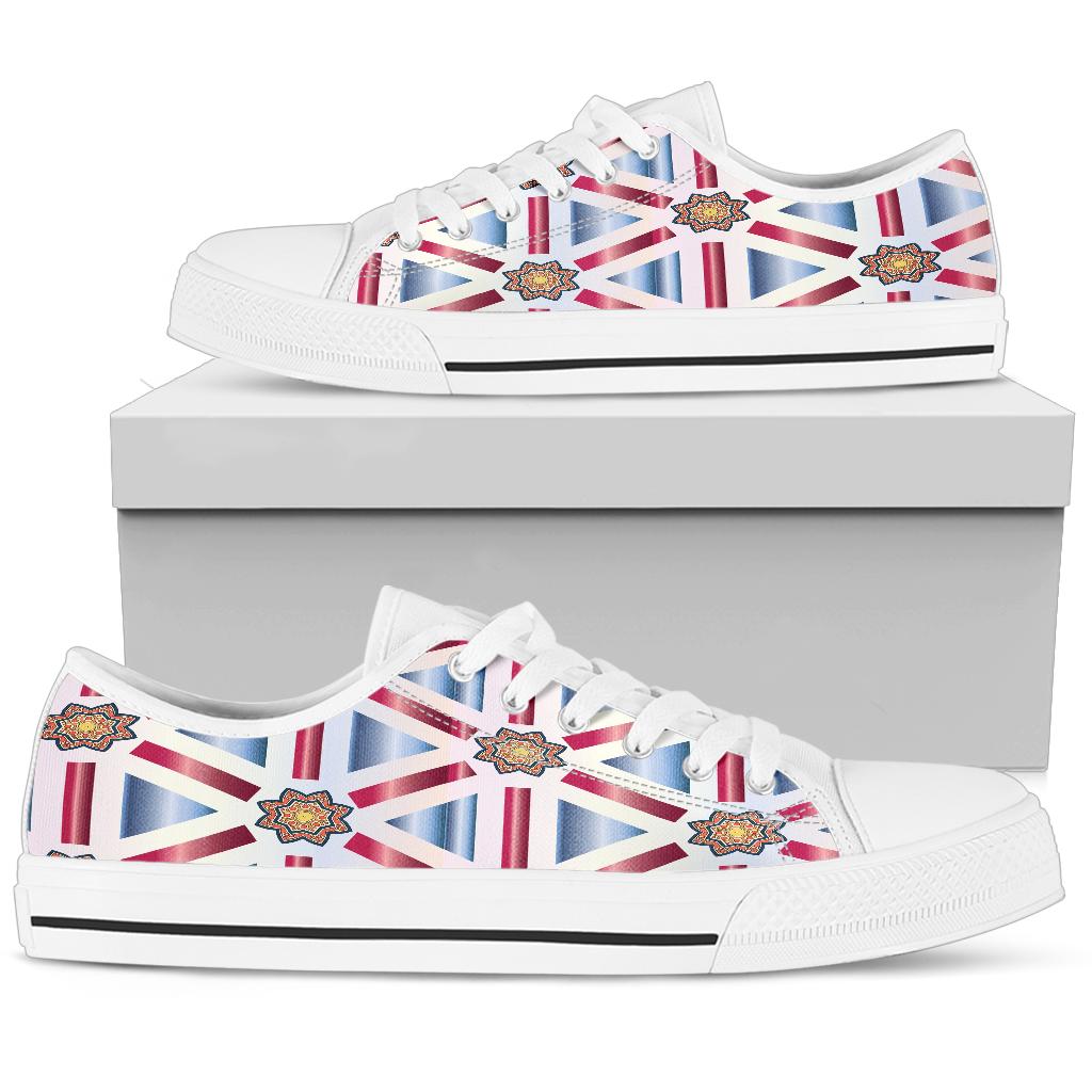 low top shoes with a red, white and blue design.