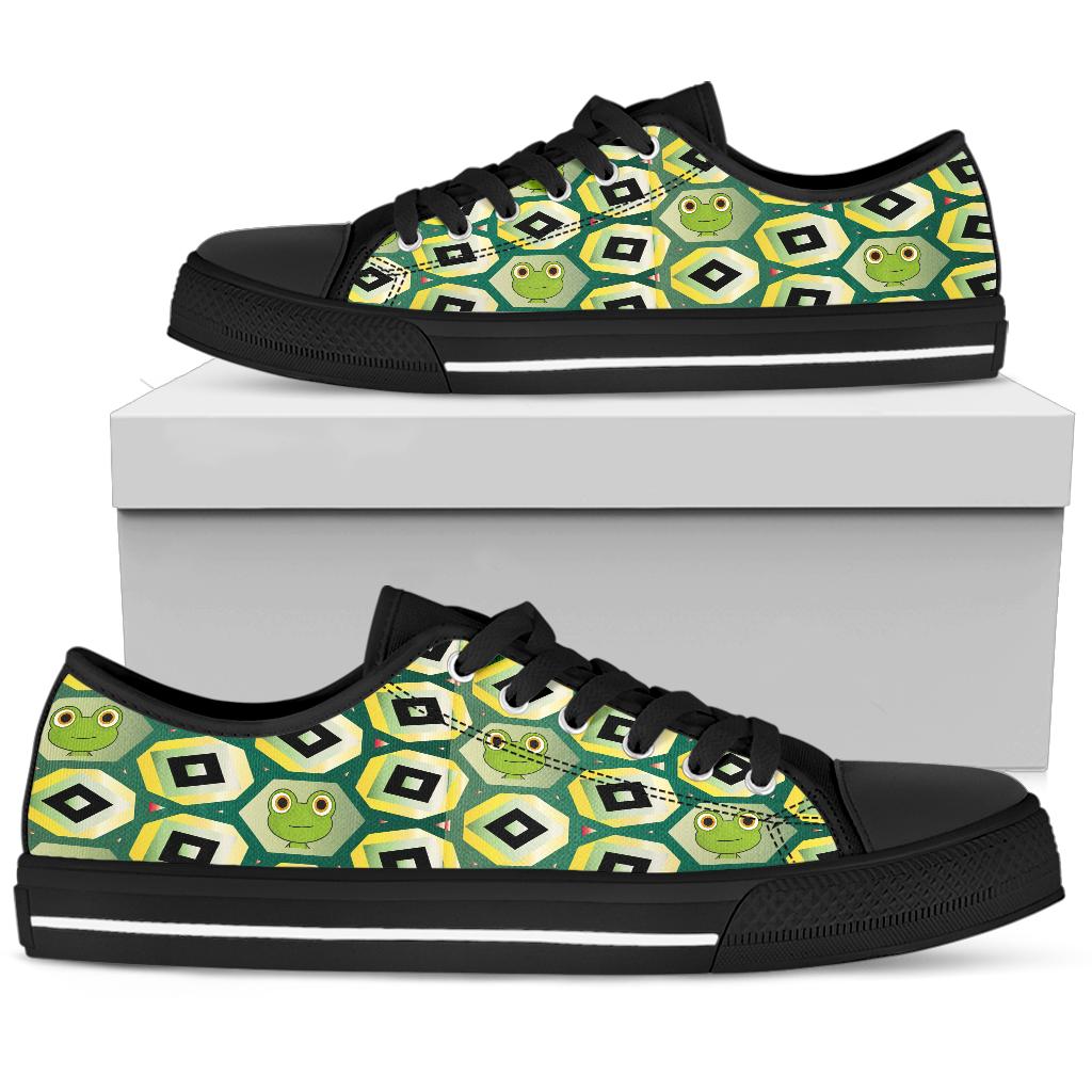 low top shoes with a green geometric pattern and  frog faces.