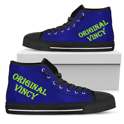 original vincy blue high top shoe with green lettering