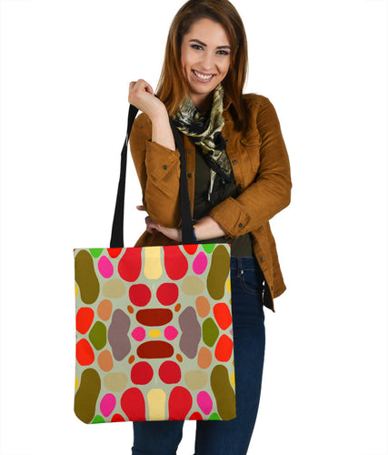 large tote bag featuring a multi-coloured stones design.