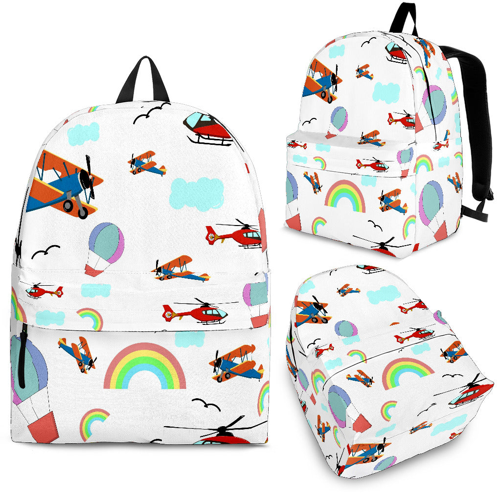 white backpack with aircraft design