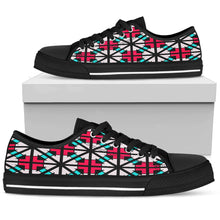 Load image into Gallery viewer, black low top shoes with white, pink and aqua color stained glass design
