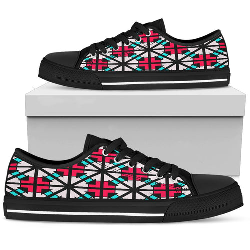 black low top shoes with white, pink and aqua color stained glass design