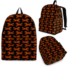 Load image into Gallery viewer, black backpack with a design of brown prancing horses.
