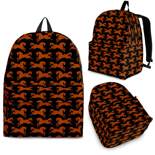 black backpack with a design of brown prancing horses.