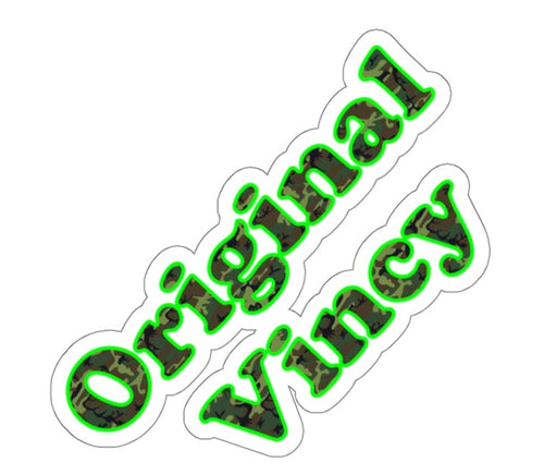 die-cut sticker spelling original vincy in green