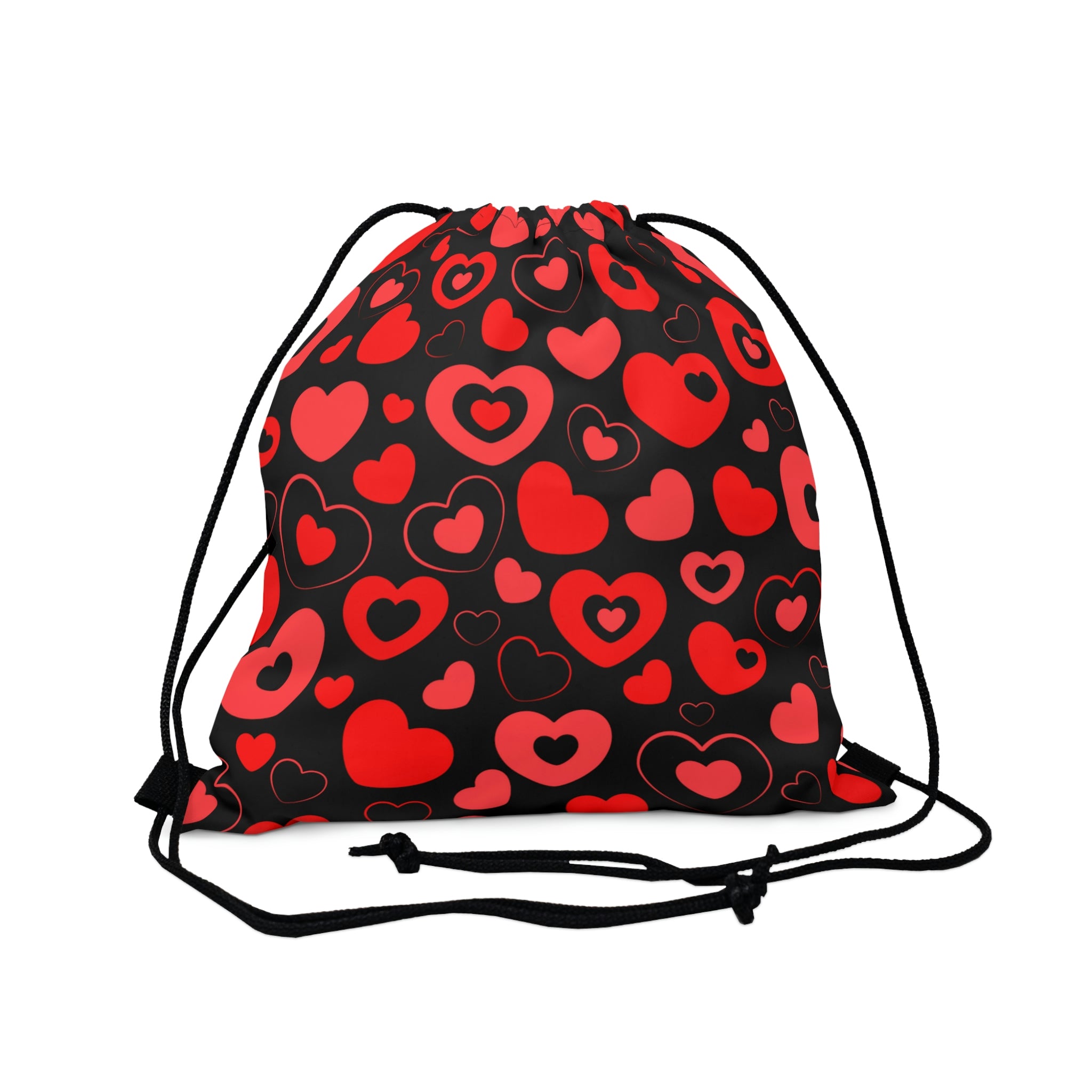 black drawstring bag with red and pink hearts in hearts
