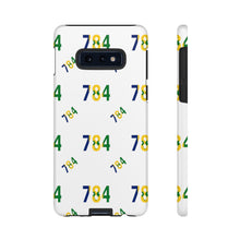 Load image into Gallery viewer, White tough phone case with the number 784 repeated in blue yellow and green colors.
