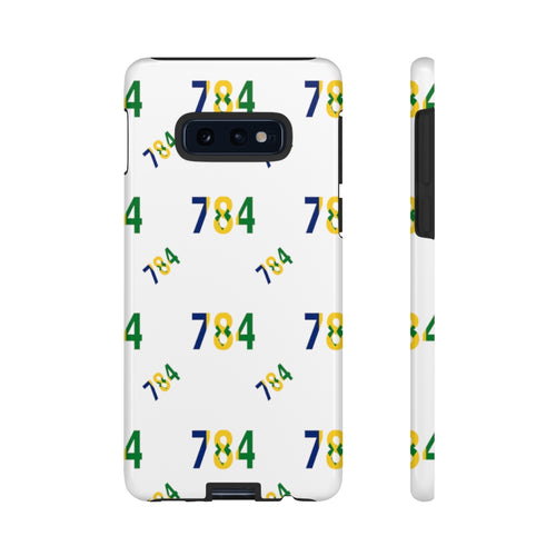 White tough phone case with the number 784 repeated in blue yellow and green colors.