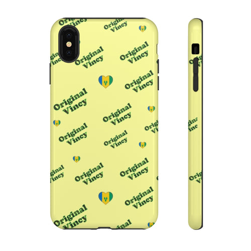 Yellow phone case with 'original vincy' written in camouflage green letters with hearts containing the flag of St.Vincent and the Grenadines