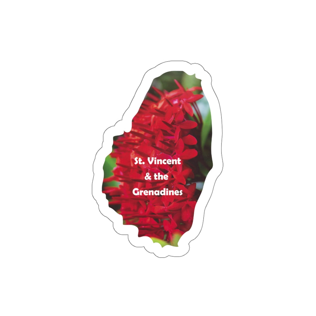 die-cut sticker in the shape of St. Vincent and the Grenadines  with Chinese ixora flowers