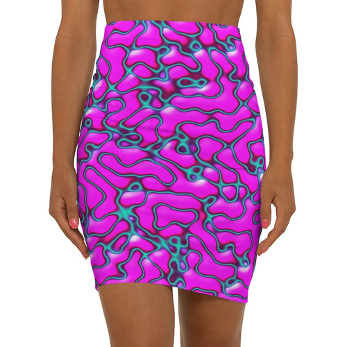 Women's fitted mini skirt with a purple and blue marble pattern