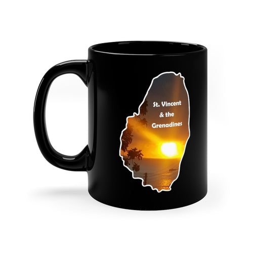 11 oz black coffee mug featuring a photograph of a fiery sunset in St. Vincent and the Grenadines