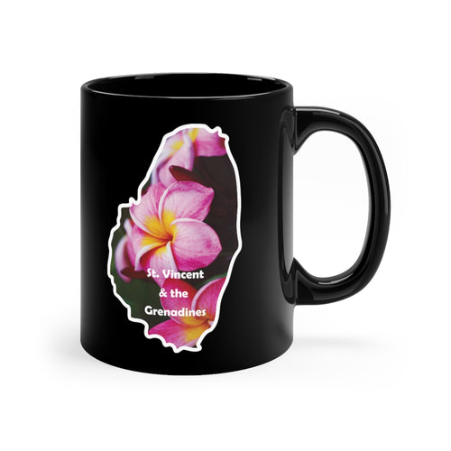 11 oz black coffee mug featuring a picture of frangipani flowers found in St. Vincent and the Grenadines