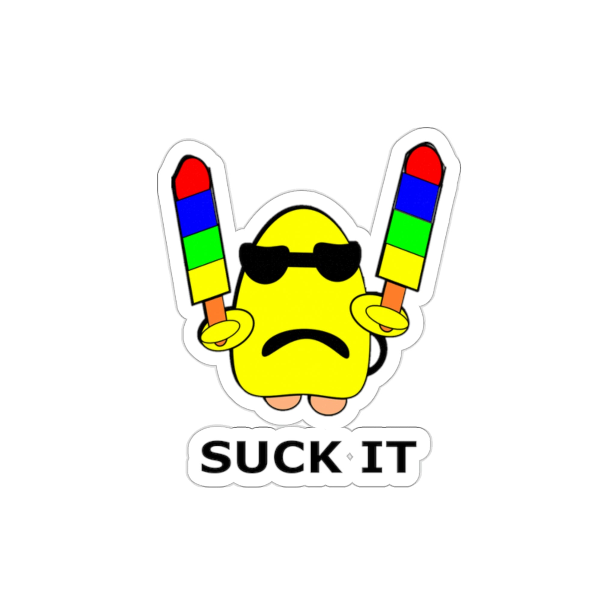die cut vinyl sticker featuring a yellow gum drop holding two popsicles with the caption 'suck it'.