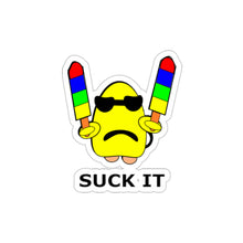 Load image into Gallery viewer, die cut vinyl sticker featuring a yellow gum drop holding two popsicles with the caption &#39;suck it&#39;.
