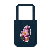 Load image into Gallery viewer, Eco-friendly canvas tote bag showing a real photograph of frangipani flowers inside a frame in the shape of mainland St. Vincent
