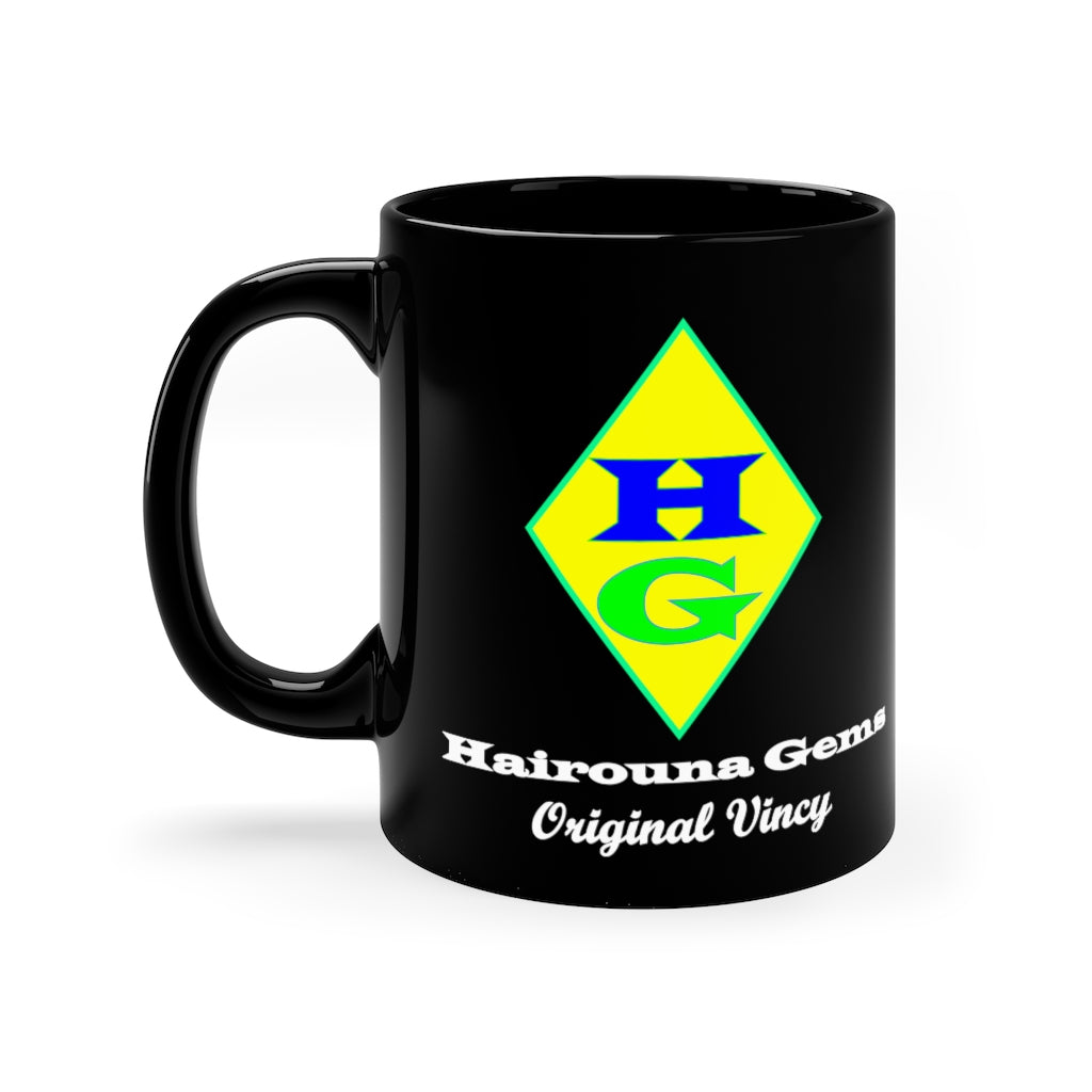 11 oz black coffee mug with Hairouna Gems logo